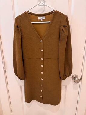Madewell Olive-Brown Button-Front Long-Sleeve Dress